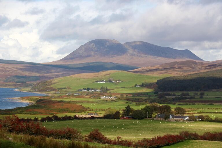 A scenic image of the isle of Arran with the mountains in the background, farmlands in the foreground, and the ocean to the left.